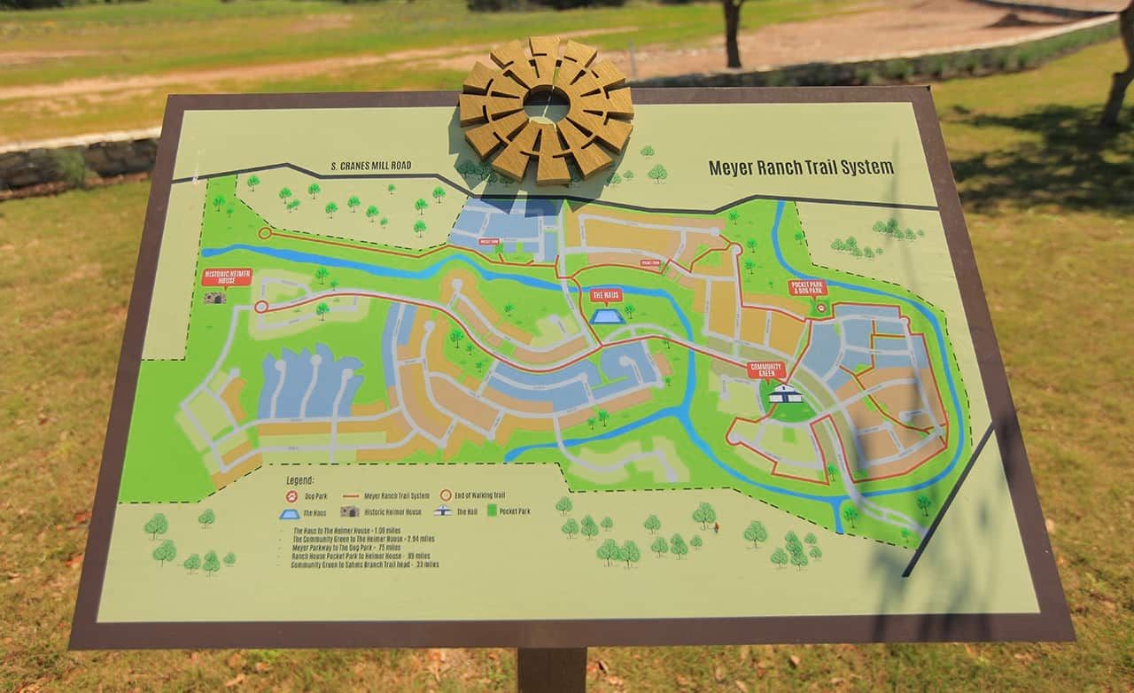 Map of Meyer Ranch Trail System shows paths, parks, and amenities in a residential area, located in a green open space.