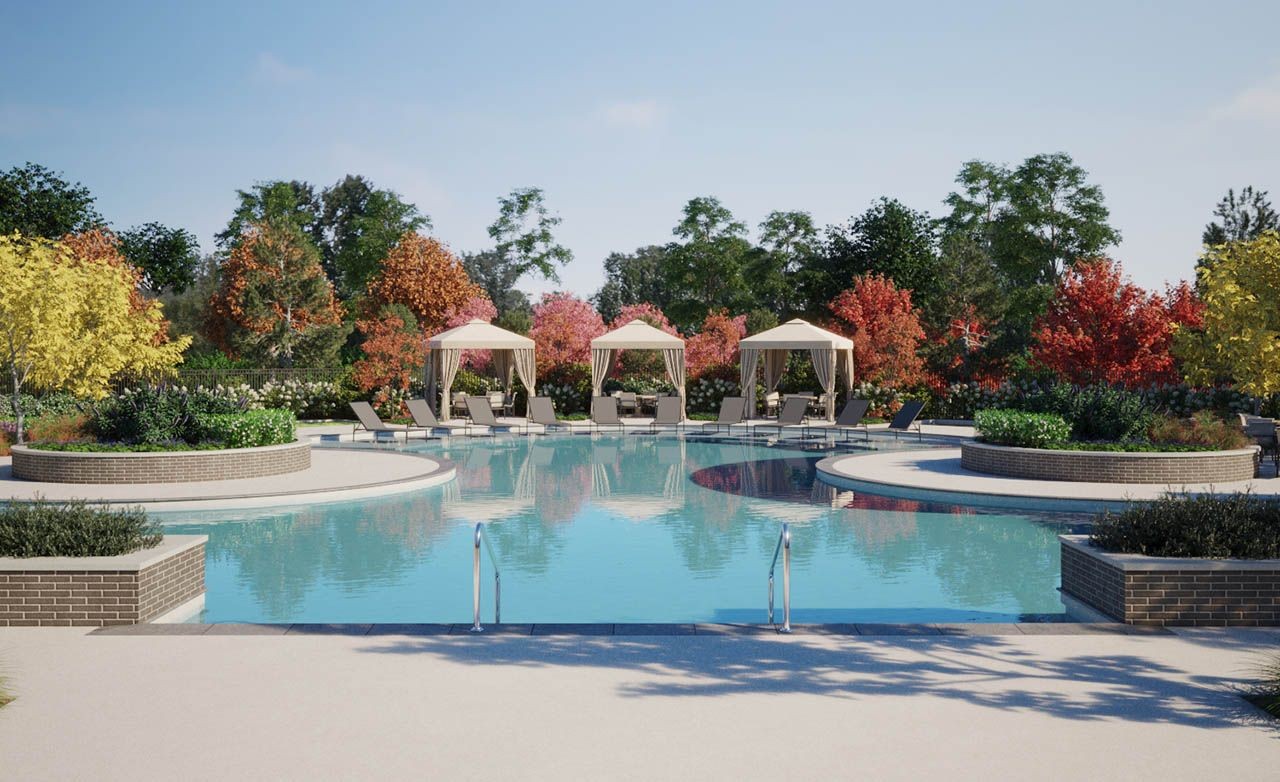 Luxury pool with stylish cabanas in Westerly community, landscaped with vibrant trees and flowers. Elegant retreat.