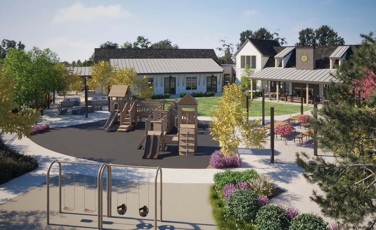 Playground with modern wooden structures; Westerly community clubhouse visible behind. Greenery and benches enhance space.
