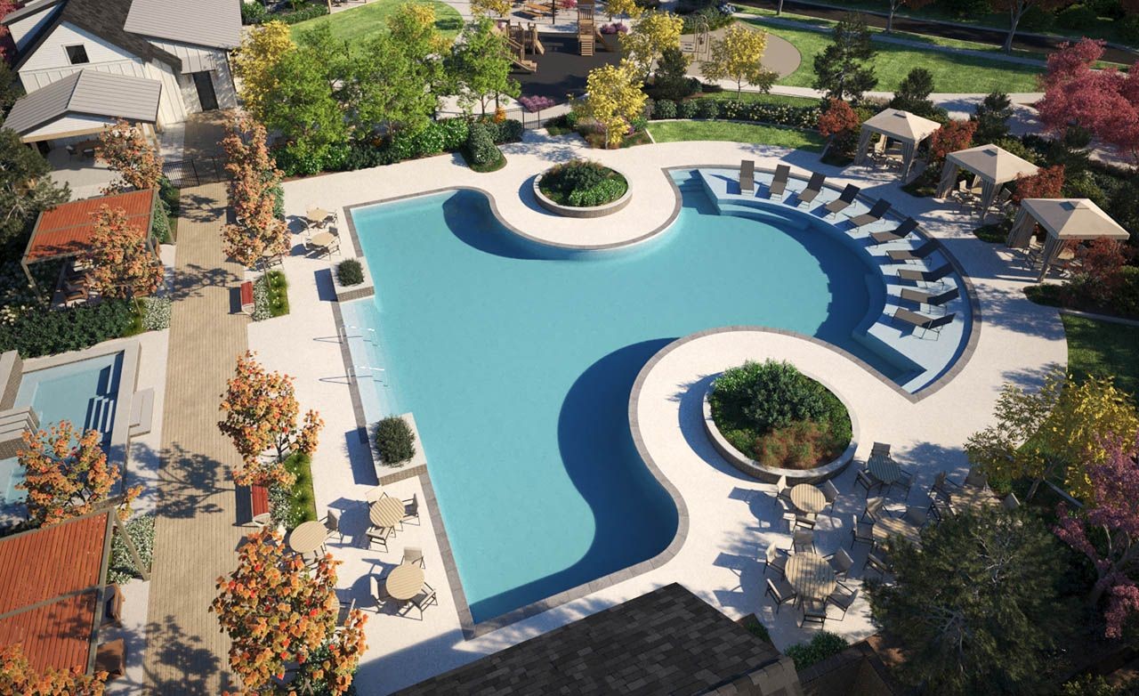 Modern community pool with unique curved design, surrounding cabanas, lush greenery, Westerly location.