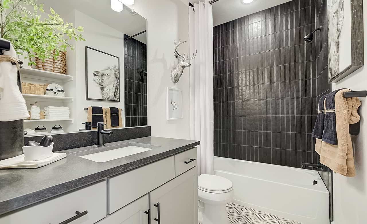 Modern bathroom with black tile shower, gray countertop, shelves, and art. Westerly community.