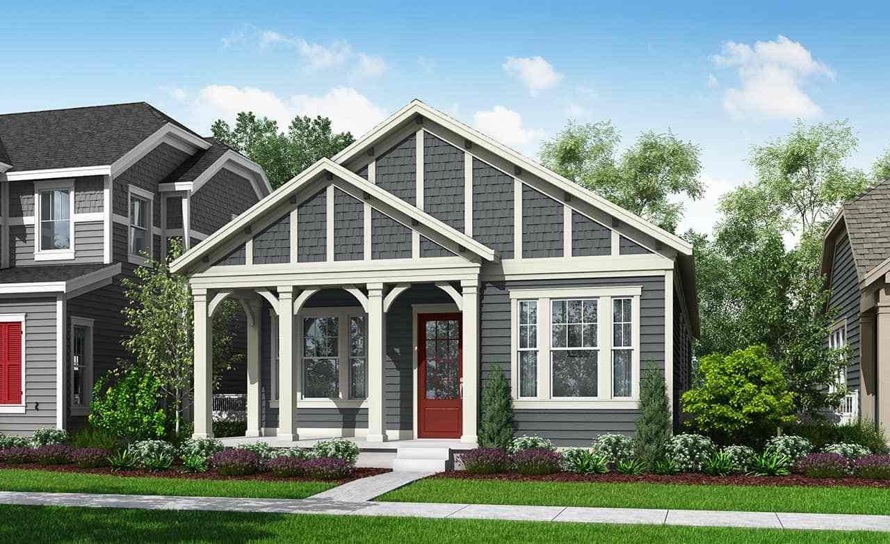 Craftsman-style gray house, white trim, red door, front porch, lush landscaping, Carbondale at Westerly.