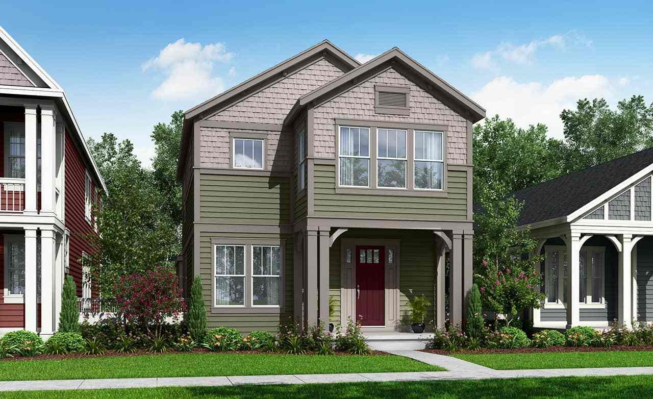 Two-story green craftsman house with gabled roof, large windows, manicured lawn, Estes at Westerly.