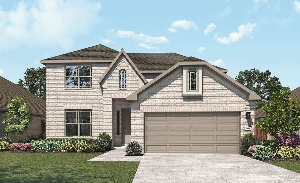 Two-story brick house with triangle roof, large windows, garage, and landscaped yard in Westside Preserve.