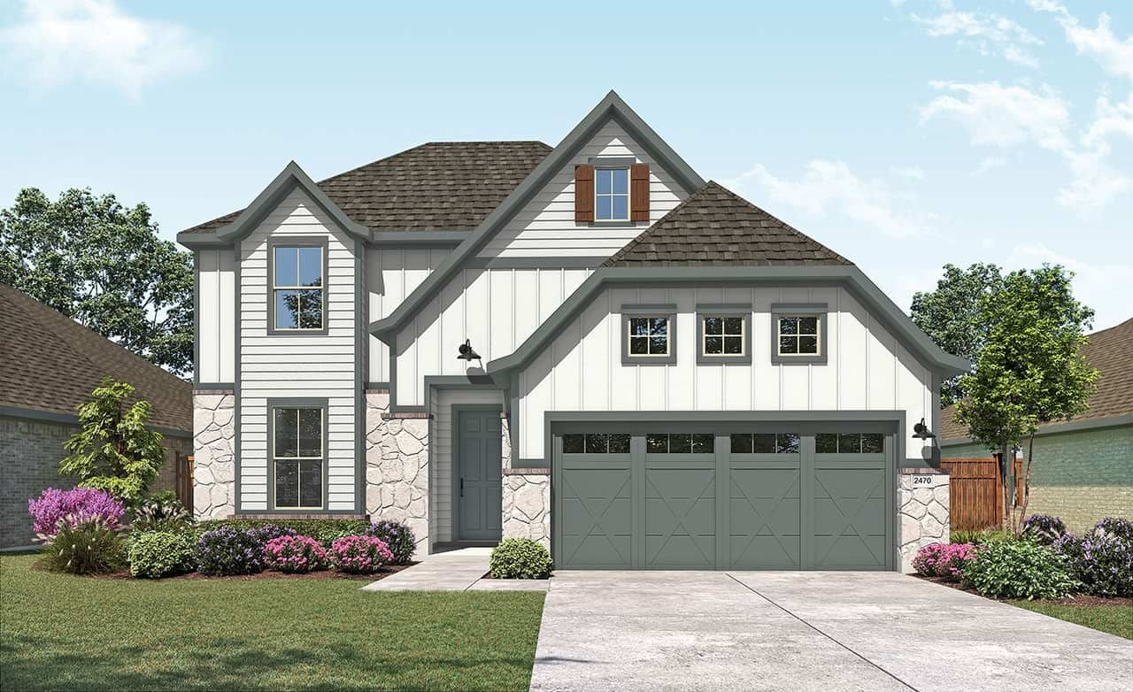 Contemporary two-story home with wood accents, stone facade, and landscaped garden in Pebblebrook community.