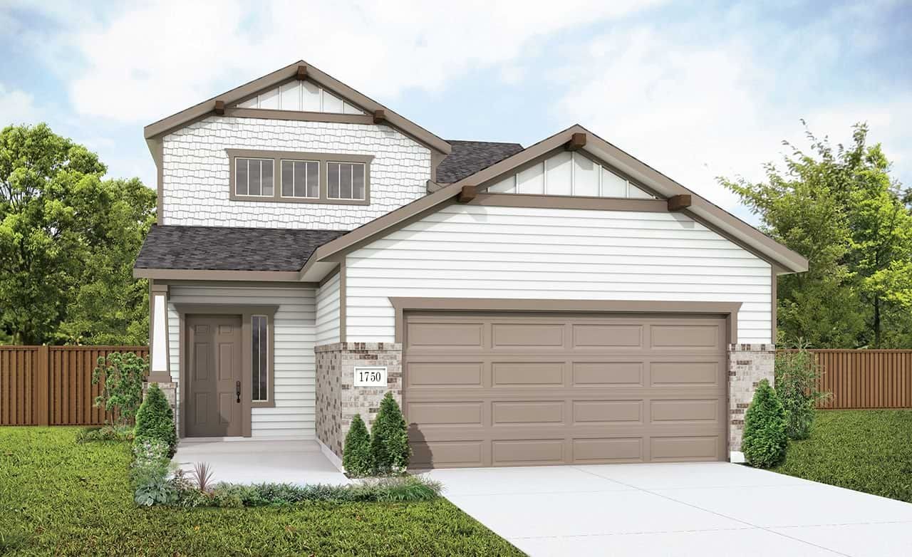 Modern suburban home with gable roof, wood siding, brick accents, and dual garage in Mostyn Springs neighborhood.