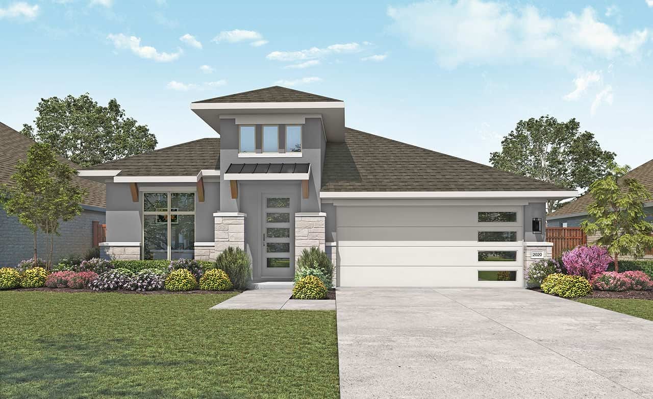 Modern single-family home design with geometric architecture and sleek residential facade.