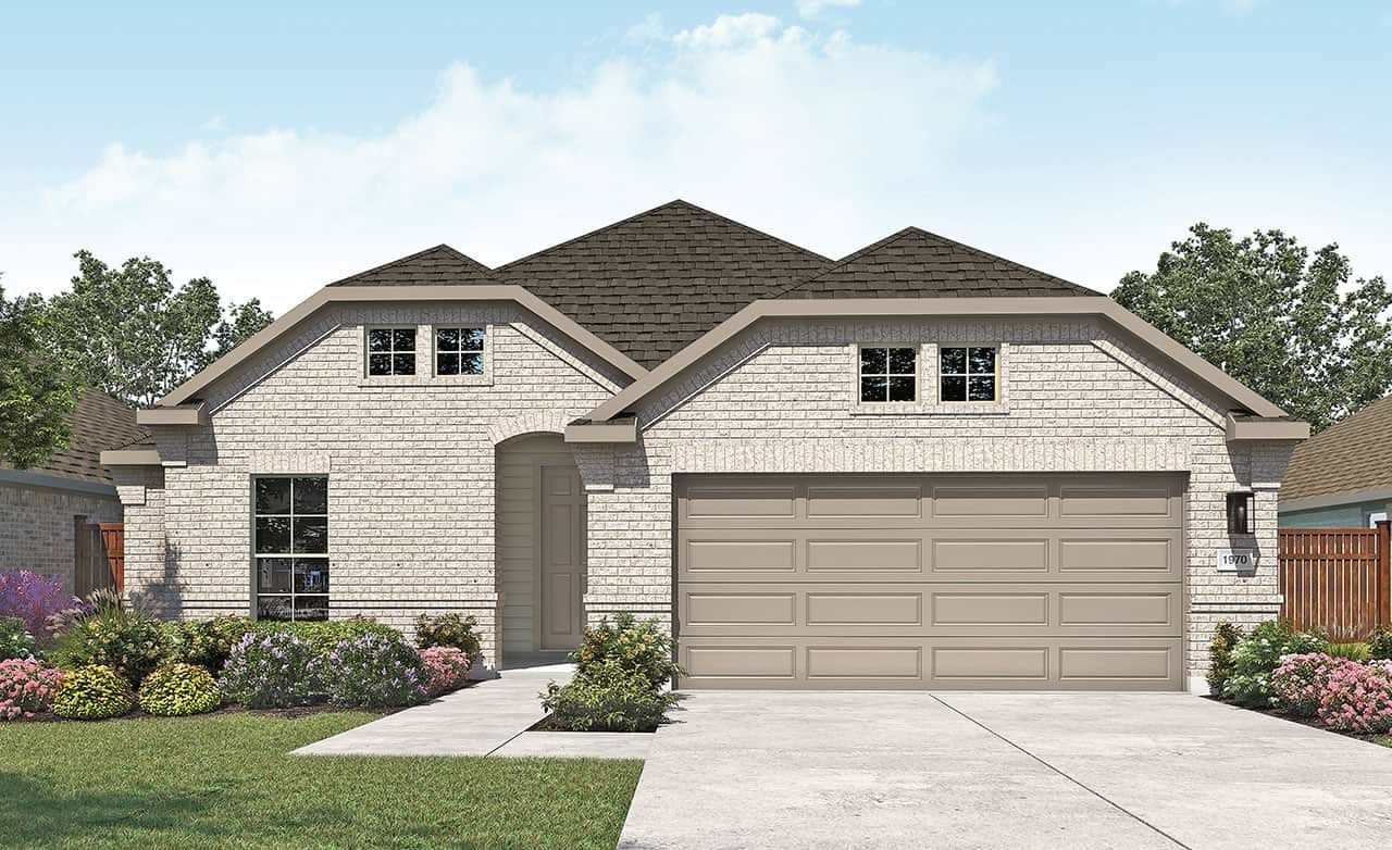 Modern single-story white brick home with double garage and manicured garden in a suburban setting.