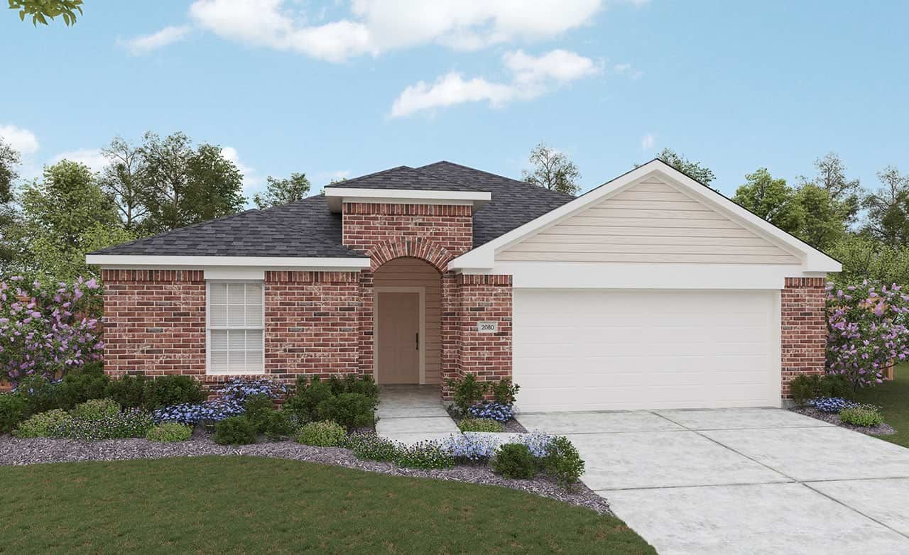 3D render of single-family home with brick exterior, showcasing modern residential design architecture.