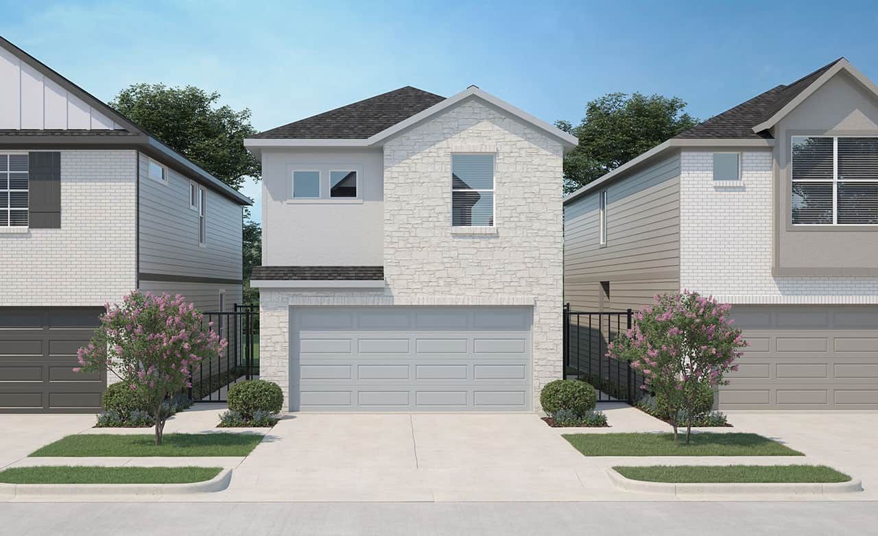 Modern two-story stone facade home with garage, Parker at Beamer Villas, Houston, flanked by trees and driveways.