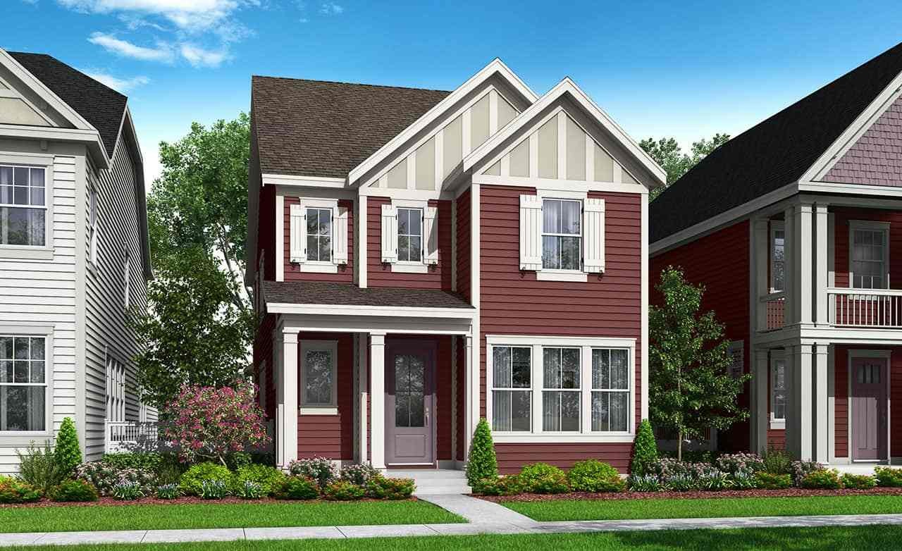 Red house with white trim, gabled roof, porch, manicured garden, in Telluride at Westerly neighborhood.