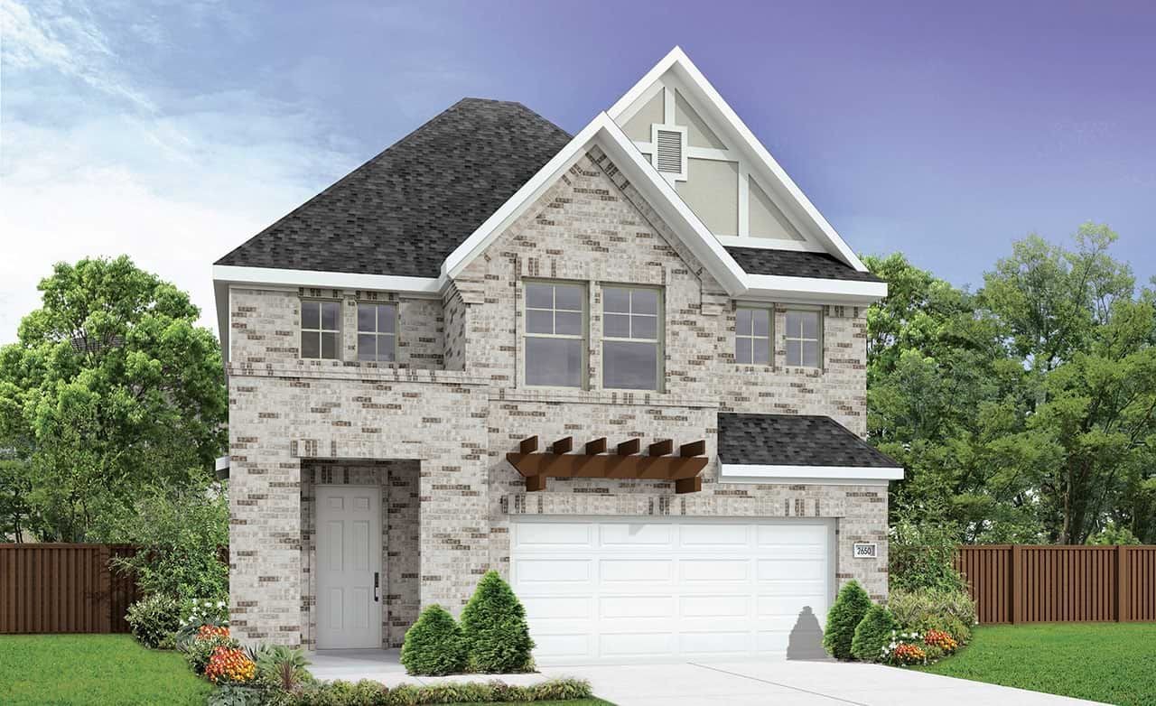 Modern brick two-story house with gabled roof, wooden accents, and two-car garage at Heritage Park.