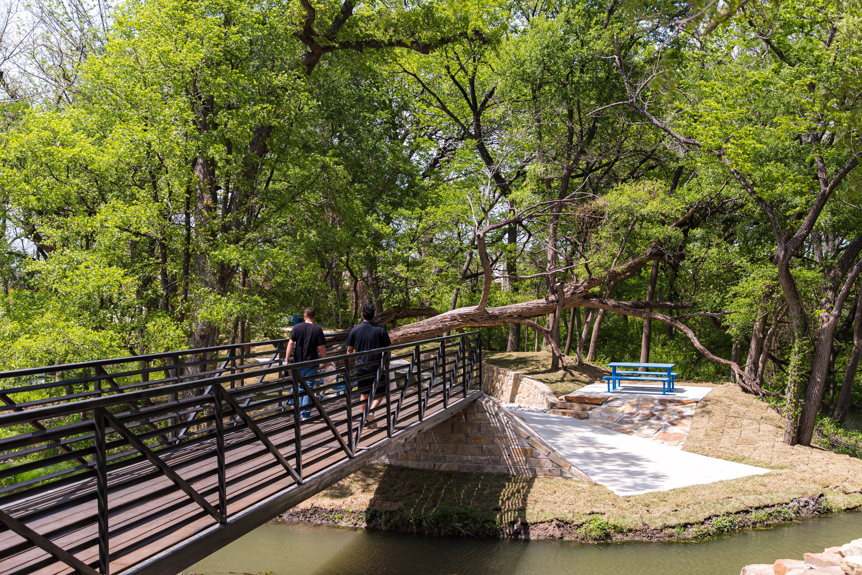 Solterra Texas Pedestrian Bridge in Lush Park Setting Modern pedestrian bridge in Solterra Texas community park, surrounded by lush greenery.