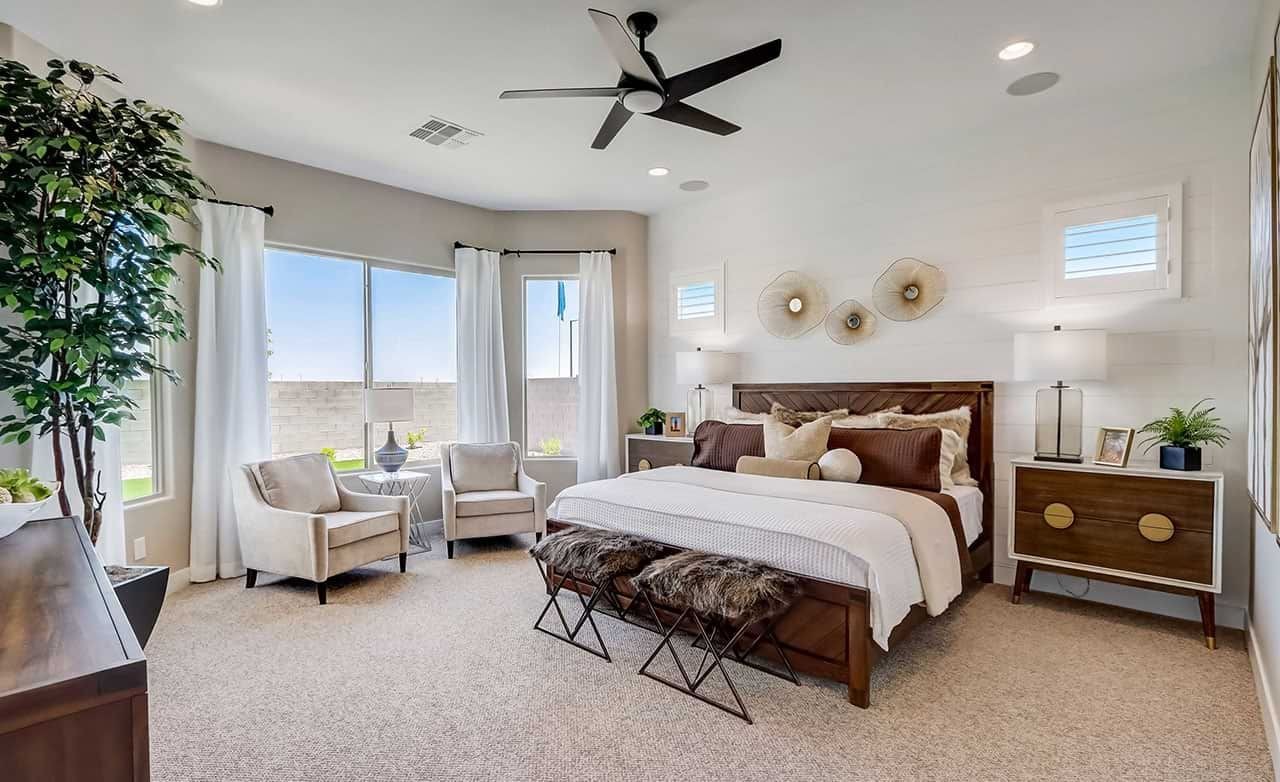 Elegant Bedroom Interior in Hacienda Community with Modern Decor Luxurious bedroom with modern decor, large windows, natural light, neutral tones in Hacienda community.