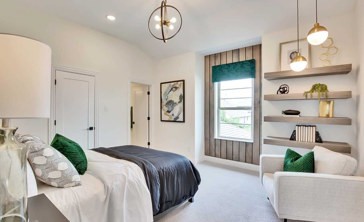 Modern Bedroom Design, Oaks at San Gabriel Community Modern bedroom with elegant decor, built-in shelves, and stylish lighting in Oaks at San Gabriel community.